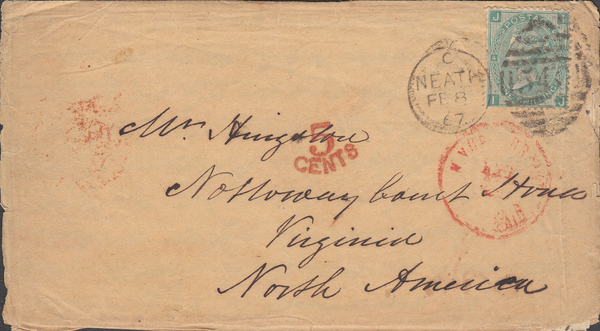 80310 - 1867 MAIL NEATH TO USA. Envelope (some faults) with letter enclosed from N...