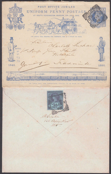 80346 - 1890 PENNY POSTAGE JUBILEE ENVELOPE LONDON TO GERMANY. Fine used 1890 Penny Post Jubilee 1d blue envelope London to...