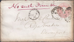 80441 - 1876 1D PINK LONDON TO DEVONORT/UNDELIVERED. 1d pink envelope (soiled at edges) from...