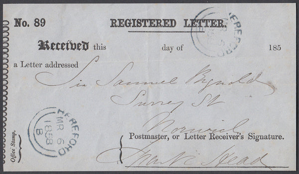 80521 - 1858 REGISTERED LETTER RECEIPT/HEREFORD. A very fine registered letter receipt concerning a regist...