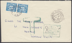 80631 - 1970 UNPAID MAIL. Envelope Barnsley to Merton, London, postage ...