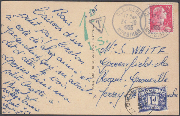 80685 - 1955 UNDERPAID MAIL FRANCE TO JERSEY. Post card France to Jersey with French 15f can...