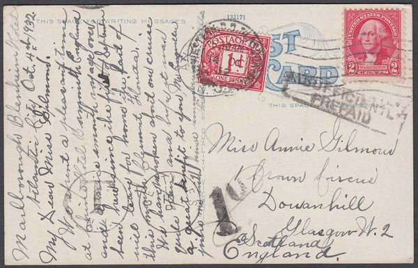 80700 - 1932 UNDERPAID MAIL USA TO GLASGOW. 1932 postcard US to Glasgow with US 2c with boxed ...