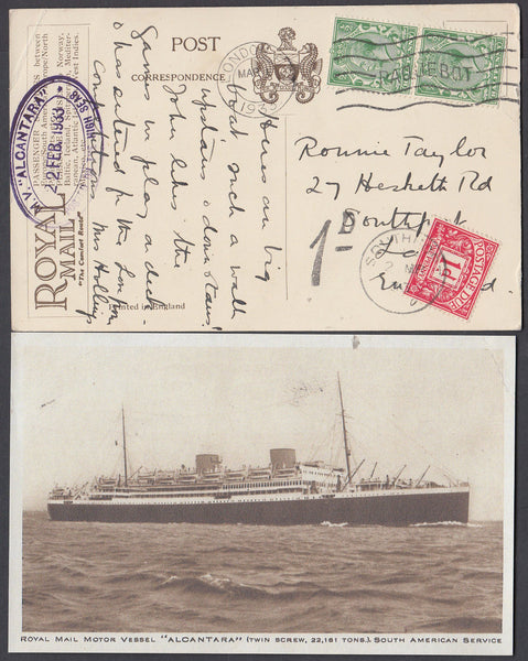 80703 - 1933 UNDERPAID POST CARD/PAQUEBOT CANCELLATION.  1933 post card RMMV "ALCANTARA" to Southport Lancs,...