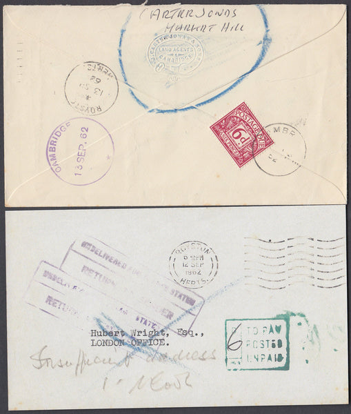 80750 - 1962 UNPAID/UNDELIVERED MAIL ROYSTON TO LONDON. 1962 envelope Royston to London, postage unpaid, c...