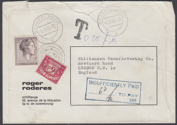 80753 - 1965 UNDERPAID MAIL LUXEMBOURG TO LONDON. 1965 envelope (small fault) Luxembourg to London, ...