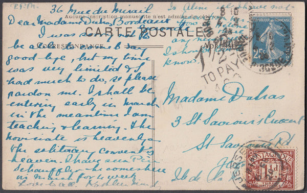 80802 - 1924 UNDERPAID MAIL FRANCE TO JERSEY. 1924 post card France to Jersey with French 25c can...