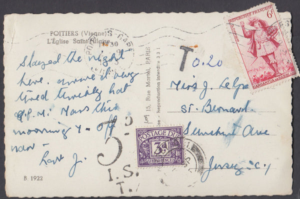 80833 - 1953 UNDERPAID MAIL FRANCE TO JERSEY.