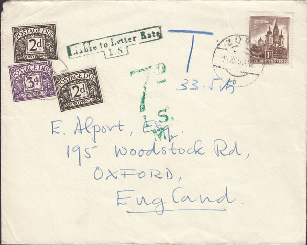 80850 1959 UNDERPAID MAIL AUSTRIA TO OXFORD UK WITH POSTAGE DUES.