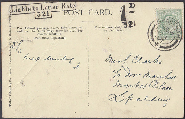 80975 - 1907 LINCS UNDERPAID MAIL GRANTHAM TO SPALDING. Post card