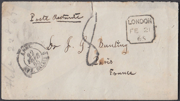 81104 1865 UNPAID MAIL LONDON TO POSTE RESTANTE IN PAEIS.