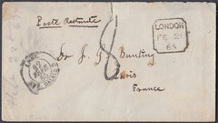 81104 1865 UNPAID MAIL LONDON TO POSTE RESTANTE IN PAEIS.
