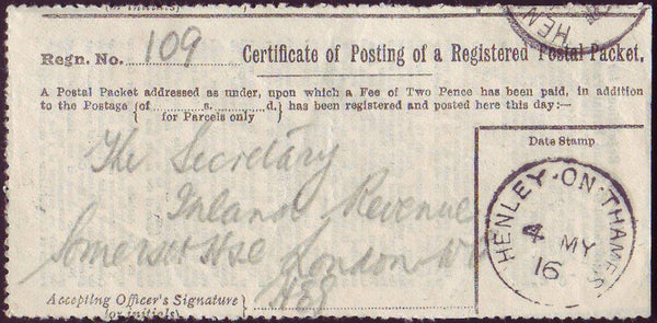 81235 - 1916 OXON/CERTIFICATE OF POSTING.  Fine exam...