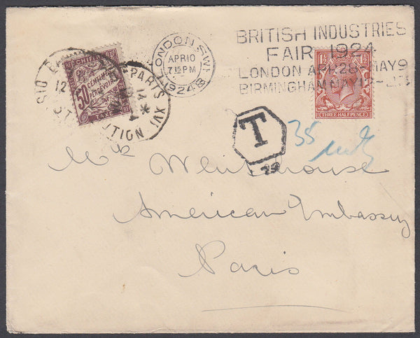 81507 - 1924 UNDERPAID MAIL LONDON TO PARIS. Envelope London to the Americ...