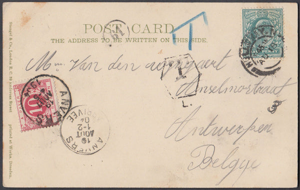 81513 - 1904 UNDERPAID MAIL LONDON TO BELGIUM. Post card London to Antwerp