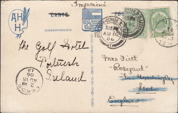 81524 - 1906 MAIL BELGIUM TO LEEDS REDIRECTED TO IRELAND. Post card from Belgium to Leeds with Belgium 5...