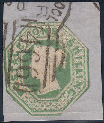 81730 - 1847 1/- green embossed (SG55), a used example, cu...