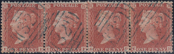 82203 1855 DIE 2 1D PL.6 (SG24) USED STRIP OF FOUR (EE EF EG EH)/BLUE '32' ENGLISH TYPE IRISH SPOON OF BALLINASLOE (RA40).