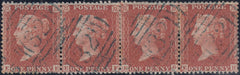 82203 1855 DIE 2 1D PL.6 (SG24) USED STRIP OF FOUR (EE EF EG EH)/BLUE '32' ENGLISH TYPE IRISH SPOON OF BALLINASLOE (RA40).