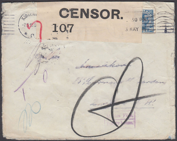 82265 - 1915 UNDELIVERED MAIL DENMARK TO LONDON/'EMPTY HOUSE' . Envelope Denmark to London ...