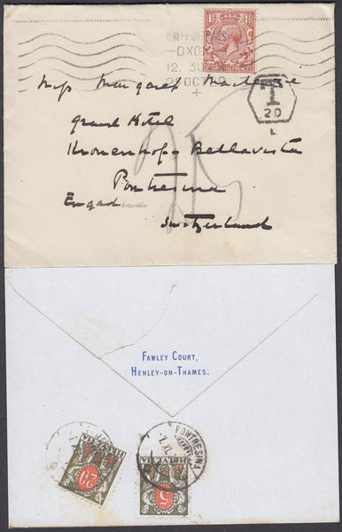 82496 - 1929 UNDERPAID MAIL HENLEY ON THAMES TO SWITZERLAND. Envelope Henley on Thames to ...