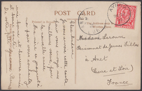 82507 - 1912 NORTHANTS/MAIL AYNHO TO FRANCE. Post card Aynho to France with KGV...