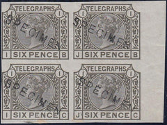 82621  1877 6D TELEGRAPH PL. 1 IMPERFORATE BLOCK OF FOUR OVERPRINTED 'SPECIMEN' TYPE 9 (SPEC L212t).