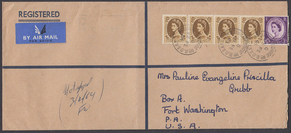 82653 1964 REGISTERED AIR MAIL LONDON TO USA/WILDING ISSUE/PERFINS. Large envelope (228x102mm) London to USA with Wildi...