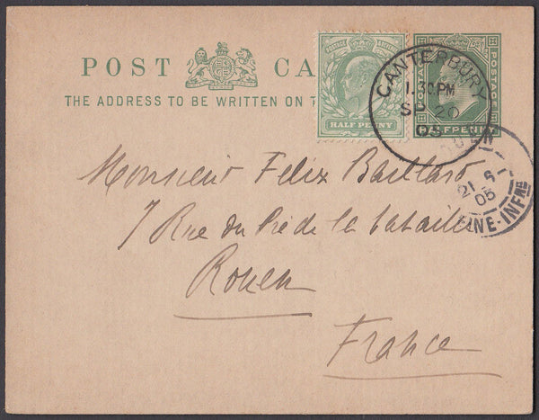 82846 - KENT. 1909 KEDVII ½d postcard to France uprated wi...