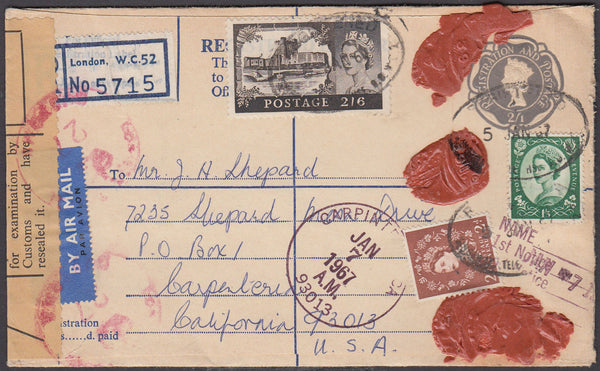 82854 1967 QE2 2/1d grey registered envelope London to California.