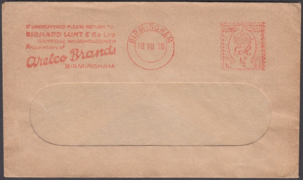 82883 - 1936 window envelope from Birmingham with KGV ½d m...