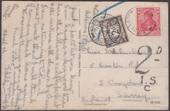 82886 - 1921 UNDERPAID MAIL GERMANY TO CROYDON.  Postcard Germany to South Croydon with German...