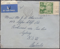 83027 - 1949 MAIL LONDON TO AUSTRALIA 2/6D YELLOW-GREEN (SG476b). Envelope London to Australia with 2/6d green ...