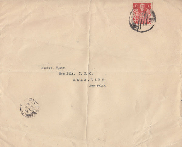 83067 - 1946 MAIL LONDON TO AUSTRALIA/5S RED (SG477). Large envelope (267x216mm) London to Melbourn...
