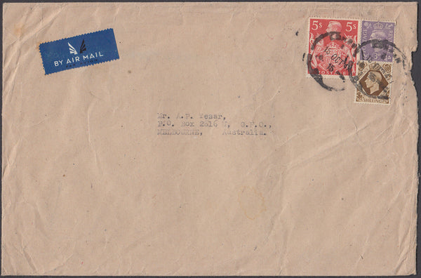 83086 - 1947 MAIL LONDON TO AUSTRALIA/5S RED (SG477). Large envelope (230x150mm) London to Melbourn...