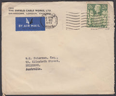 83266 - 1945 MAIL ENFIELD TO AUSTRALIA 2/6D YELLOW-GREEN (SG476b). Envelope Enfield to Brisbane Australia with K...