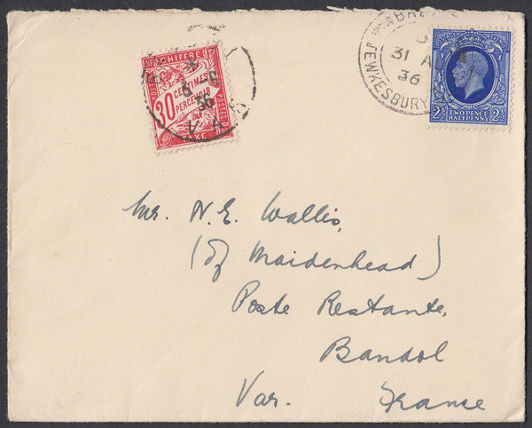 83275 - 1936 UNDERPAID MAIL TEWKESBURY TO FRANCE. 1936 envelope Tewkesbury to a poste restante Bando...
