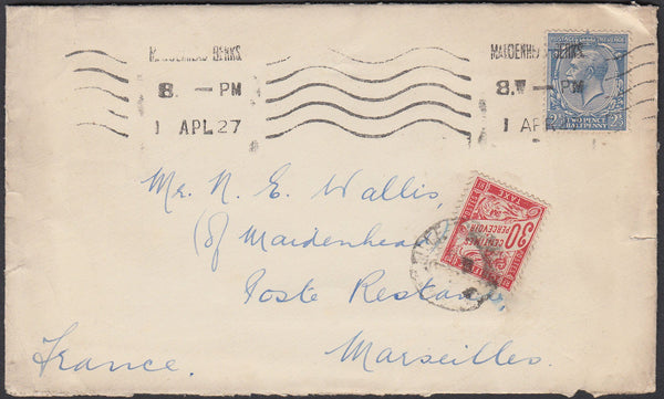 83363 - 1927 UNDERPAID MAIL MAIDENHEAD TO FRANCE. Envelope Taplow Berks to Marseilles with KGV ...