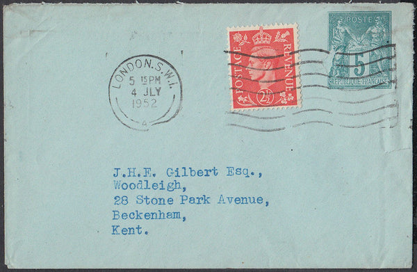 83418 - 1952 French 5f postal stationery envelope in blue/...