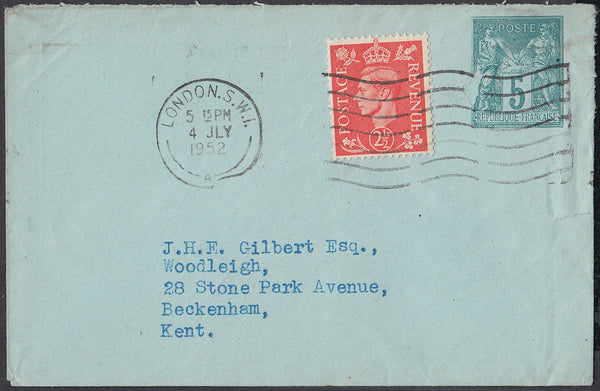 83418 - 1952 French 5f postal stationery envelope in blue/...