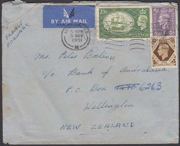 83426 - 1951 MAIL LONDON TO NEW ZEALAND 2/6D YELLOW-GREEN (SG509). Envelope London to Wellington Ne...
