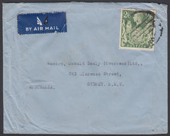 83447 - KGVI MAIL LONDON TO AUSTRALIA 2/6D YELLOW-GREEN (SG476b). Undated envelope London to Sydney Australia w...