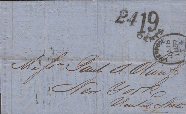 83487 - LIVERPOOL SPOON TYPE C4 (RA69) ON COVER TO USA. 1857 printed price...