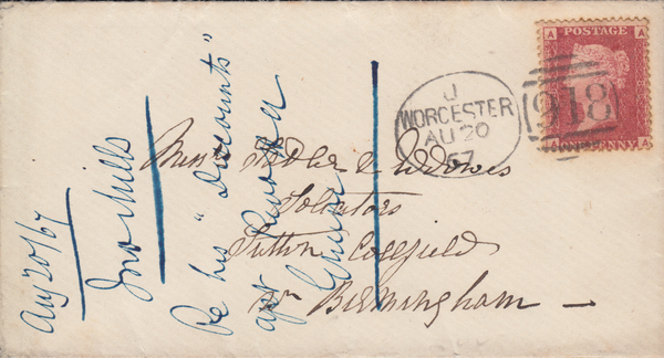 83522 - 1867 WORCESTER SPOON SIXTH RECUT (RA133)/PL.86(SG43)(AA) ON COVER.