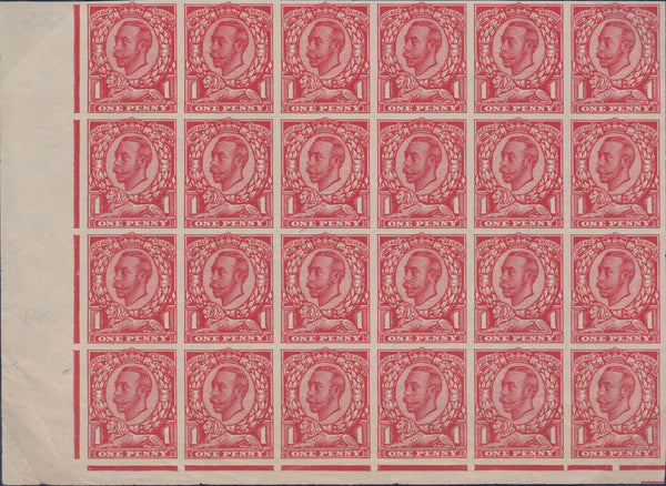 83627 - 1912 1D DOWNEY DIE 2 PAPER TRIAL ON JOHN ALLEN'S 'SPECIAL FINISH, VERY THIN PAPER' BLOCK OF 24.