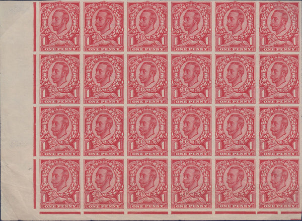 83627 - 1912 1D DOWNEY DIE 2 PAPER TRIAL ON JOHN ALLEN'S 'SPECIAL FINISH, VERY THIN PAPER' BLOCK OF 24.
