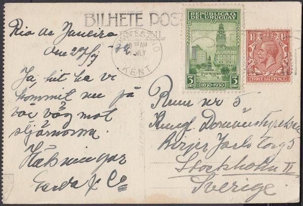 83691 - CIRCA 1930 MAIL GRAVESEND TO SWEDEN PLUS URUGUAYAN STAMP!. Post card Gravesend to Sweden with KGV 1½d an...
