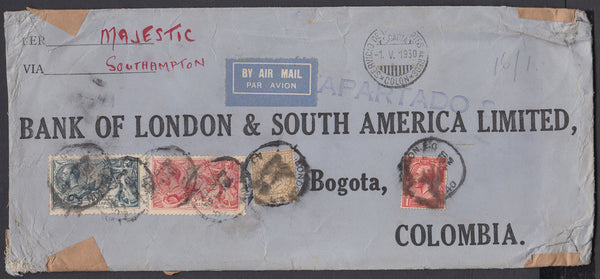 83777 - 1930 'SCADTA' MAIL LONDON TO COLOMBIA/5s (SG416) AND 10S (SG417) SEAHORSES. Large envelope (266x112mm) London...