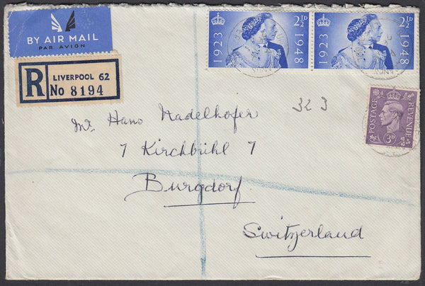 83815 1948 envelope sent registered airmail Liverpool to Switzerland.
