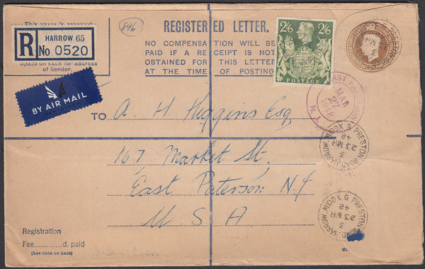 83896 - 1948 REGISTERED MAIL HARROW TO USA 2/6D YELLOW-GREEN (SG476b). KGVI 5½d bistre registered envelope Harrow to...